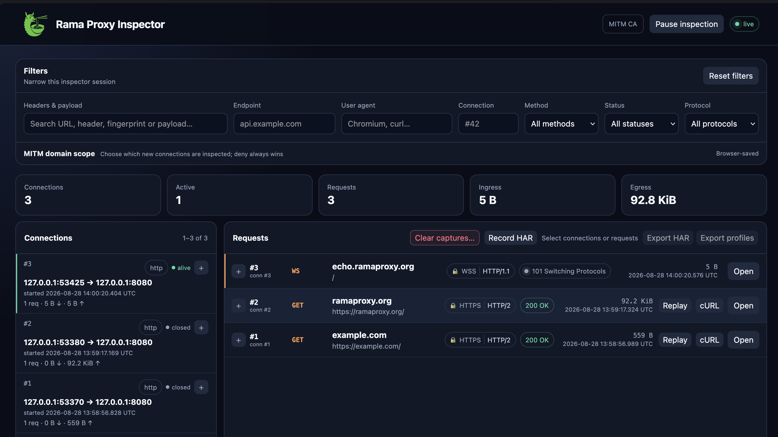The rama proxy inspector web GUI, with filters and traffic counters on top, the live connections list on the left and the captured HTTP and websocket exchanges on the right.